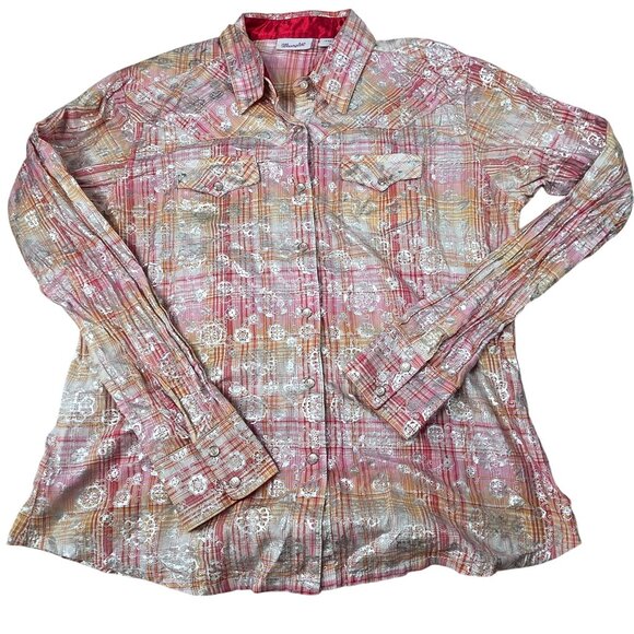 Wrangler Womens Medium Pink/Orange Plaid Long Sleeve Western Shirt With Silver F - Picture 2 of 8